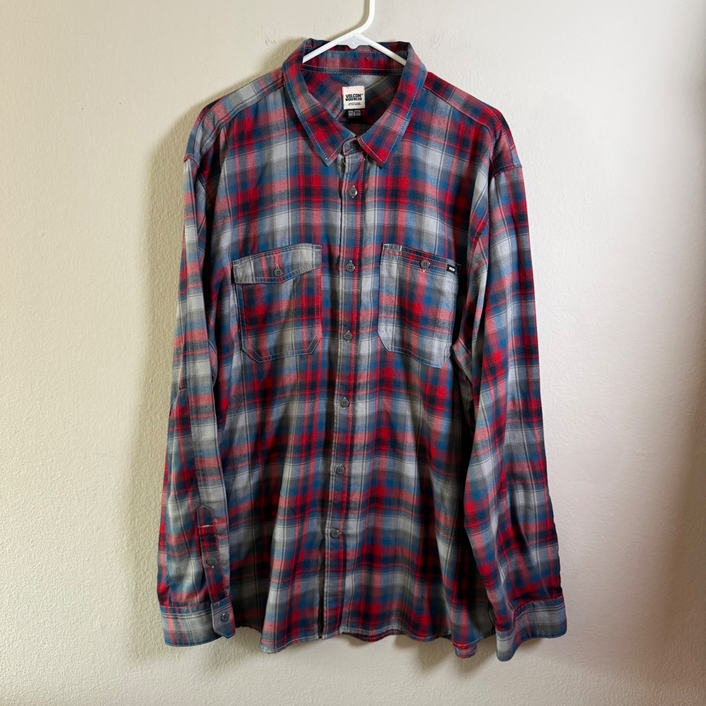 Volcom Workwear Occidental Mens XXL Flannel Shirt Red Grey Plaid‎ Button Down